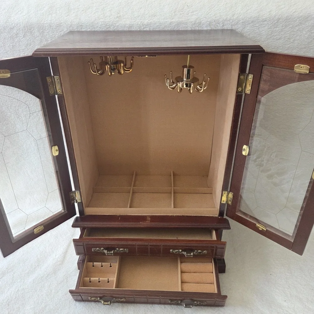 Vintage Jewelry Box Wood Glass Doors Finish 16